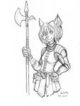  2017 absurd_res anthro armor belt_pouch clothed clothing domestic_cat felid feline felis female fully_clothed gambeson gauntlets gloves hair halberd hand_on_hip handwear hi_res jess_blackwood looking_at_viewer mammal melee_weapon monochrome pauldron pen_(artwork) polearm short_hair simple_background sketch smile solo standing straps thelivingshadow traditional_media_(artwork) weapon white_background 