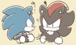  anthro black_fur blue_fur clothing duo eulipotyphlan fur gloves gun handgun handwear hedgehog holding_gun holding_object holding_weapon humor japanese_text male mammal ranged_weapon red_fur shadow_the_hedgehog sikai simple_background sonic_(series) sonic_the_hedgehog text weapon yellow_background 