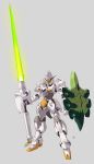  absurdres commentary energy_lance full_body gen_8_pokemon glowing grey_background gundam highres mechanization no_humans pokemon pokemon_(game) pokemon_swsh shield simple_background sirfetch&#039;d standing weapon yang-do 