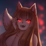  animal_humanoid bodily_fluids cakecatboy canid canid_humanoid canine canine_humanoid fangs female glowing glowing_eyes holo humanoid mammal mammal_humanoid open_mouth red_eyes saliva solo spice_and_wolf teeth tongue 
