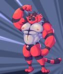  2018 3_toes absurd_res anthro armpit_hair big_muscles black_fur blue_eyes blush bulge clothed clothing flexing fur hi_res incineroar male multicolored_fur muscular muscular_male nintendo nipple_piercing nipples piercing pink_nipples pink_nose pok&eacute;mon pok&eacute;mon_(species) red_fur rheobear solo speedo swimwear toes topless two_tone_fur video_games 