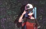  1girl 39 adjusting_clothes adjusting_hat aqua_eyes aqua_hair aqua_nails baseball_cap black_background black_shirt bracelet character_name commentary doodle drawings eighth_note hair_ornament hand_up happy_birthday hat hatsune_miku headphones headphones_around_neck jewelry long_hair looking_to_the_side mural musical_note nail_polish neck_tattoo nejikyuu one_eye_closed pinky_out red_shirt shadow shirt smile solo spaghetti_strap spring_onion sunglasses sweat t-shirt tattoo twintails two-tone_shirt very_long_hair vocaloid 