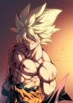  1boy abs arms_at_sides backlighting blonde_hair blood blood_from_mouth blood_on_face blue_eyes chest dark_background dragon_ball dragon_ball_z dust dust_particles floating_hair from_above frown gradient gradient_background highres looking_afar male_focus mattari_illust muscle orange_background pants red_background serious shaded_face shirt simple_background son_gokuu spiked_hair standing super_saiyan torn_clothes torn_pants torn_shirt upper_body wristband yellow_background 