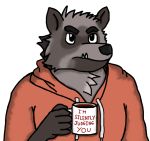  2019 alpha_channel anthro billybae10k black_eyes chest_tuft clothing cup dave_(password) english_text fangs fur holding_cup holding_object hoodie humanoid_hands hyaenid male mammal password_(grizz) reaction_image solo striped_hyena text topwear tuft white_outline 
