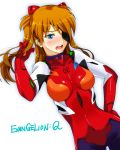  1girl blue_eyes bodysuit breasts commentary_request evangelion:_3.0_you_can_(not)_redo eyepatch gloves hair_ornament ivuki long_hair looking_at_viewer neon_genesis_evangelion open_mouth orange_hair pilot_suit plugsuit rebuild_of_evangelion red_bodysuit shikinami_asuka_langley simple_background solo souryuu_asuka_langley white_background 