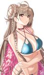  1girl absurdres ahoge alternate_costume azur_lane bangs be_garam bikini blue_bikini blush braid braided_bun breasts choker cleavage cowboy_shot double_bun eyebrows_visible_through_hair feather_boa formidable_(azur_lane) formidable_(the_lady_of_the_beach)_(azur_lane) hair_bun highres holding_arm large_breasts light_brown_hair long_hair looking_at_viewer navel parted_lips red_eyes sidelocks signature simple_background solo swimsuit twin_braids very_long_hair 