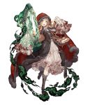  1girl :d bag blonde_hair blood bloody_clothes boots cross-laced_footwear dress frilled_dress frilled_sleeves frills full_body fur_trim high_heel_boots high_heels hood hood_up ji_no little_red_riding_hood_(sinoalice) looking_at_viewer lyre official_art open_mouth orange_eyes shoulder_bag sinoalice sleeves_past_wrists smile smoke solo transparent_background upper_teeth 