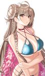  1girl absurdres ahoge alternate_costume azur_lane bangs be_garam bikini blue_bikini blush braid braided_bun breasts brown_hair choker cleavage cowboy_shot double_bun eyebrows_visible_through_hair feathered_wings formidable_(azur_lane) formidable_(the_lady_of_the_beach)_(azur_lane) hair_bun highres holding_arm large_breasts long_hair looking_at_viewer navel parted_lips red_eyes sidelocks signature simple_background solo swimsuit twin_braids upper_body very_long_hair white_background wings 