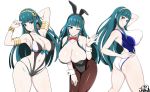  1girl ;) animal_ears aqua_eyes aqua_hair armlet armpits ass back bangs bent_over black_legwear blunt_bangs bow bowtie bracelet breasts bunny_ears bunnysuit cleavage cleopatra_(fate/grand_order) detached_collar earrings eyebrows_visible_through_hair facial_mark fate/grand_order fate_(series) hairband highres jabara_tornado jewelry long_hair multiple_views navel one_eye_closed pantyhose simple_background smile swimsuit white_background wrist_cuffs 