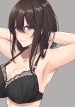 1girl absurdres armpits black_bra blue_eyes bra breasts brown_hair cleavage fuurin_restia grey_background hair_between_eyes hands_in_hair highres lace lace-trimmed_bra large_breasts light_smile looking_at_viewer original solo strap_gap underwear underwear_only upper_body 