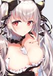  1girl 40_(0f0urw) absurdres azur_lane between_breasts black_ribbon blush breasts brown_nails cleavage commentary_request eyebrows_visible_through_hair formidable_(azur_lane) hair_ribbon highres large_breasts long_hair looking_at_viewer nail_polish red_eyes ribbon silver_hair solo twintails two-tone_ribbon upper_body white_ribbon 