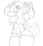  abs big_breasts breasts cleavage clothed clothing danonymous female hi_res hyaenid mammal muscular nipple_outline pubes spotted_hyena thick_thighs under_boob 