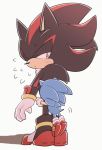  anthro black_fur blue_fur bodily_fluids clothing duo eulipotyphlan footwear fur gloves handwear hedgehog hug male mammal red_fur shadow_the_hedgehog shoes sikai simple_background size_difference sonic_(series) sonic_the_hedgehog sweat white_background 
