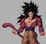  1boy abs arms_at_sides baggy_pants black_hair chest clenched_hands dragon_ball dragon_ball_gt dust dust_particles fingernails frown grey_background highres long_hair looking_to_the_side male_focus mattari_illust monkey monkey_tail no_nipples pants simple_background smile son_gokuu spiked_hair standing super_saiyan_4 tail twitter_username upper_body wristband yellow_eyes yellow_pants 
