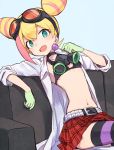  aqua_gloves belt black_belt blonde_hair candy couch crossed_legs food gloves goggles goggles_on_head green_gloves labcoat lollipop lucia_fex midriff multicolored_hair open_mouth pink_hair plaid plaid_skirt promare skirt soto striped striped_legwear thighhighs two-tone_hair 