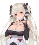  1girl azur_lane bangs bare_shoulders between_breasts black_dress black_nails blush breasts cleavage dress earrings eyebrows_visible_through_hair fingers_together formidable_(azur_lane) frilled_dress frills grey_hair hair_ribbon highres jewelry large_breasts long_hair long_sleeves looking_at_viewer red_eyes ribbon simple_background smile_(dcvu7884) solo twintails two-tone_dress very_long_hair white_background 