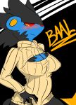  absurd_res anthro anthrofied badassbaal big_breasts blush breasts cleavage cleavage_cutout clothed clothing embarrassed felid hand_on_hip hi_res keyhole_turtleneck looking_down luxray mammal nintendo pantherine pok&eacute;mon pok&eacute;mon_(species) pok&eacute;morph simple_background solo sweater topwear video_games 