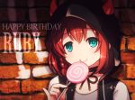  1girl :q bangs black_choker black_jacket blue_eyes braid brick_wall candy character_name chibi choker closed_mouth commentary_request dated eyebrows_behind_hair food grey_shirt hair_between_eyes hand_up happy_birthday holding holding_food holding_lollipop hood hood_up hooded_jacket horned_hood horns jacket kurosawa_ruby langbazi lollipop love_live! love_live!_sunshine!! red_hair shirt signature smile solo swirl_lollipop tongue tongue_out upper_body 