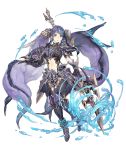  1girl absurdly_long_hair aqua_eyes armor armored_boots boots dragoon_(final_fantasy) faulds final_fantasy fins full_body gauntlets hair_ornament headwear_removed helmet helmet_removed holding holding_helmet ji_no long_hair looking_at_viewer navel ningyo_hime_(sinoalice) official_art polearm purple_hair shoulder_armor sinoalice solo spear transparent_background very_long_hair water weapon 