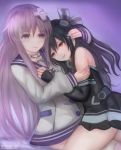  2girls artist_name black_hair choker commentary couple d-pad d-pad_hair_ornament fingerless_gloves gloves hair_flaps hair_ornament hair_ribbon hand_on_another&#039;s_chest highres hug long_hair multiple_girls nail_polish nepgear neptune_(series) purple_background purple_eyes purple_hair red_eyes ribbon simple_background skirt smile suterisu thighs uni_(neptune_series) yuri 