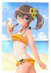  1girl ahoge ass bangs bare_arms bare_shoulders beach bikini black_bow blue_eyes blush bow bow_bikini breasts brown_hair c_take0141 collarbone commentary_request cup day drinking_glass drinking_straw eyebrows_visible_through_hair flower hair_between_eyes hair_flower hair_ornament highres hololive long_hair looking_at_viewer natsuiro_matsuri open_mouth orange_bikini outdoors side_ponytail small_breasts solo sunflower_hair_ornament swimsuit tan virtual_youtuber 