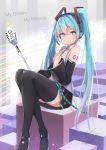  1girl absurdres bangs black_footwear black_legwear black_skirt black_sleeves blue_eyes blue_hair blurry blurry_background boots commentary_request depth_of_field detached_sleeves eighth_note eyebrows_visible_through_hair green_neckwear hair_between_eyes hair_ornament hand_up hatsune_miku headphones headset highres knees_up long_hair long_sleeves microphone microphone_stand musical_note necktie parted_lips pixiv_id pleated_skirt shirt signature sitting skirt sleeveless sleeveless_shirt solo teratsuki thigh_boots thighhighs twintails very_long_hair vocaloid white_shirt wide_sleeves 