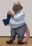  anthro belly brown_fur buckteeth chubby-shark claws clothed clothing fur holding_clothing holding_object male mammal mask murid murine overweight overweight_male rat rodent scissors solo standing tailor tape_measure teeth 