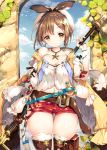  1girl atelier_(series) atelier_ryza belt blush breasts brown_eyes brown_hair brown_legwear cleavage closed_mouth commentary_request eyebrows_visible_through_hair hair_ornament hairclip hat highres holding holding_staff jewelry looking_at_viewer navel necklace red_shorts reisalin_stout shimesaba_kohada short_hair short_shorts shorts smile solo staff star thigh_gap thighhighs thighs white_headwear white_legwear 