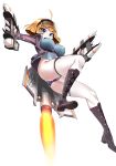  1girl absurdres ahoge bangs blonde_hair blue_eyes blue_legwear blue_leotard boots breasts full_body goggles goggles_on_head highres jacket koi_(carfet) large_breasts last_origin leotard looking_at_viewer p/a-00_griffon ribbed_leotard rocket rocket_launcher simple_background solo thighhighs weapon white_background 