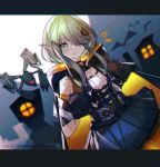  1girl alternate_costume bat breasts building cape cleavage corset drone embarrassed girls_frontline green_eyes grey_hair halloween kky pointy_ears solo tac-50_(girls_frontline) twitter_username 