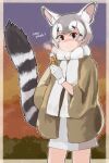  1girl alternate_costume animal_ears blush bottle bow bowtie breath brown_eyes brown_shirt cowboy_shot extra_ears eyebrows_visible_through_hair gloves grey_hair highres kemono_friends long_sleeves looking_at_viewer milk_bottle multicolored_hair raccoon_ears raccoon_girl raccoon_tail ringtail_(kemono_friends) shirt short_hair solo tail toriny white_bow white_bowtie white_gloves white_hair 