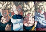  4boys :d aqua_background armor black_border blonde_hair blue_background blue_eyes border cape clenched_hand close-up closed_mouth crossed_arms dougi dragon_ball dragon_ball_z face father_and_son frown gloves highres letterboxed looking_at_viewer looking_to_the_side male_focus mattari_illust multiple_boys open_mouth panels profile purple_background red_background serious shaded_face simple_background smile son_gohan son_gokuu spiked_hair super_saiyan tank_top teeth trunks_(future)_(dragon_ball) twitter_username upper_body upper_teeth vegeta white_gloves 