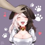  1girl :3 :p absurdres animal_ears artist_name bell bell_collar black_hair blush breasts cleavage closed_eyes collar dated dog_ears dog_girl eyebrows_visible_through_hair hachiko_(last_origin) heart highres large_breasts last_origin multicolored_hair paw_print petting purple_background simple_background solo_focus tokikori tongue tongue_out two-tone_hair white_hair 