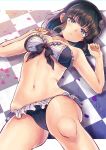  1girl bandeau bangs bare_arms bare_shoulders bishoujo_mangekyou black_bra black_choker black_hair black_hairband black_panties bow bow_bra bra brown_flower brown_rose checkered checkered_floor choker commentary_request dorothy_(bishoujo_mangekyou) eyebrows_visible_through_hair fingernails flower foreshortening frilled_bra frilled_panties frills grey_eyes hair_flower hair_ornament hairband hands_up highres honami_(yths4221) knee_up lying navel on_back panties petals rose shadow solo stomach strapless strapless_bra underwear underwear_only 