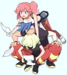  1girl 2boys aina_ardebit blue_eyes blue_hair breast_press closed_eyes galo_thymos gloves green_hair half_gloves lio_fotia multiple_boys open_mouth paper pink_hair promare short_hair shorts side_ponytail soto spiked_hair suspenders thighhighs 