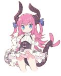 1girl bangs bare_shoulders blade_(galaxist) blue_eyes blue_ribbon blush bow closed_mouth commentary_request cropped_legs curled_horns detached_sleeves dragon_girl dragon_horns dragon_tail elizabeth_bathory_(fate) elizabeth_bathory_(fate)_(all) eyebrows_visible_through_hair fate/extra fate/extra_ccc fate_(series) grey_skirt hair_between_eyes hair_ribbon hand_on_hip horns long_hair long_sleeves panties pink_bow pink_hair pleated_skirt pointy_ears ribbon shirt simple_background skirt sleeveless sleeveless_shirt smile solo striped striped_panties tail two_side_up underwear very_long_hair white_background white_shirt white_sleeves 