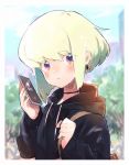 1boy androgynous blush cellphone earrings green_hair highres holding holding_cellphone holding_phone hood hoodie jewelry kouhara_yuyu lio_fotia male_focus open_mouth outdoors phone promare purple_eyes short_hair smartphone 