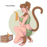  1:1 2019 absurd_res anthro banana blush bottomwear breasts brown_hair clothed clothing crate dialogue english_text female food fruit fur hair haplorhine hi_res human_to_anthro mammal monkey note plant primate simple_background solo species_transformation surprise text transformation unidentified-tf 