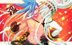 1boy belt belt_pouch blue_eyes blue_hair brown_gloves clenched_hand copyright_name galo_thymos gloves hand_on_hip highres holding holding_weapon male_focus mecyo_(mamezurushiki) navel one_eye_closed pouch promare red_background shirtless solo spiked_hair standing upper_body weapon 