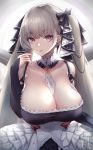  1girl :o azur_lane bangs bare_shoulders between_breasts black_dress blush breasts cleavage cowboy_shot dress earrings eyebrows_visible_through_hair flight_deck formidable_(azur_lane) frilled_dress frills grey_hair hair_ribbon hand_up highres jewelry large_breasts long_hair long_sleeves looking_at_viewer red_eyes ribbon rigging ruwoka signature solo twintails two-tone_dress very_long_hair 