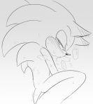  anthro blush bodily_fluids breath eulipotyphlan greyscale hedgehog japanese_text male mammal monochrome shaking sikai sitting solo sonic_(series) sonic_the_hedgehog sweat text 