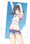  1girl amano_hina_(tenki_no_ko) armpits arms_up bangs bare_arms black_choker black_hair blue_eyes blue_shorts blue_sky blush choker closed_mouth dan_(kumadan) eyebrows_visible_through_hair hair_between_eyes highres hood hood_down hooded_jacket jacket long_hair looking_at_viewer pink_shirt shirt short_shorts shorts sky sleeveless sleeveless_jacket sleeveless_shirt smile solo standing tenki_no_ko twitter_username water_drop white_hoodie white_jacket 