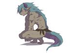  anthro blue_hair brown_eyes clothed clothing crouching dark_skin hair hituka horn humanoid_pointy_ears hybrid long_hair male muscular open_mouth simple_background solo teeth tiptoes topless white_background 