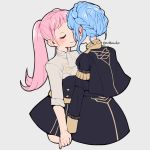  2girls belt blue_hair braid closed_eyes closed_mouth crown_braid do_m_kaeru fire_emblem fire_emblem:_three_houses garreg_mach_monastery_uniform grey_background hilda_valentine_goneril holding_hands long_hair long_sleeves marianne_von_edmund multiple_girls pink_hair short_sleeves simple_background smile twintails twitter_username uniform yuri 