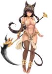  1girl absurdres animal_ears anklet arms_at_sides bare_shoulders barefoot black_gloves black_hair black_legwear blush bracelet breasts bridal_gauntlets bridal_legwear closed_mouth covered_nipples dark_skin egyptian elbow_gloves eyebrows_visible_through_hair full_body gloves highres jewelry large_breasts long_hair looking_at_viewer low-tied_long_hair navel oni-noboru original pelvic_curtain purple_eyes revealing_clothes scythe single_elbow_glove smile solo tail thighhighs toeless_legwear transparent_background 