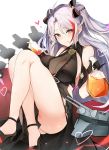  1girl :q antenna_hair ass azur_lane bangs bare_legs bare_shoulders black_dress black_gloves blush bottle breasts closed_mouth cup dress drinking_glass elbow_gloves flask gloves hair_between_eyes hair_ribbon heart high_heels highres holding knees_up large_breasts legs licking_lips long_hair looking_at_viewer luse_maonang multicolored_hair orange_eyes pinky_out prinz_eugen_(azur_lane) prinz_eugen_(cordial_cornflower)_(azur_lane) red_hair ribbon sidelocks silver_hair simple_background sitting smile solo streaked_hair swept_bangs thighs tongue tongue_out turret two_side_up white_background 
