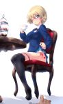 1girl absurdres bangs black_footwear black_legwear black_neckwear blonde_hair blue_eyes blue_panties blue_skirt blue_sweater blush braid commentary cup darjeeling dessert dress_shirt emblem eyebrows_visible_through_hair food fork girls_und_panzer heart highres holding holding_cup kuzuryuu_kennosuke legs letter lifted_by_self loafers long_sleeves looking_at_viewer miniskirt necktie one_eye_closed out_of_frame panties panty_pull pantyhose pantyhose_pull parted_lips pleated_skirt pov school_uniform shadow shirt shoes short_hair simple_background sitting skirt skirt_lift smile st._gloriana&#039;s_(emblem) st._gloriana&#039;s_school_uniform sweatdrop sweater teacup tied_hair tiered_tray twin_braids underwear v-neck white_background white_shirt wing_collar wooden_chair wooden_table 