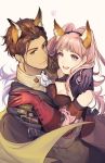  1boy 1girl absurdres animal_ears black_gloves breasts brown_hair cape claude_von_riegan cleavage closed_mouth dark_skin dark_skinned_male fake_animal_ears fire_emblem fire_emblem:_three_houses fox_ears from_side gloves green_eyes highres hilda_valentine_goneril hug long_hair looking_to_the_side open_mouth pink_eyes pink_hair ponytail red_gloves short_hair simple_background velahka white_background yellow_cape 