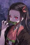  1girl bamboo bit_gag black_hair commentary_request face fingernails forehead gag hair_ribbon japanese_clothes kamado_nezuko kimetsu_no_yaiba kimono long_hair looking_at_viewer mouth_hold pink_eyes pink_kimono pink_ribbon ribbon sharp_fingernails slit_pupils solo tagme very_long_hair yahako 