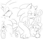  anthro black_and_white blush bodily_fluids claws clothing collar condom crouching dialogue duo eulipotyphlan fake_paws gloves handwear hedgehog holding_object japanese_text legwear looking_back male mammal money monochrome musical_note object_in_mouth paw_gloves paw_socks ribbons sikai smile socks solo sonic_(series) sonic_the_hedgehog speech_bubble sweat text translation_request 